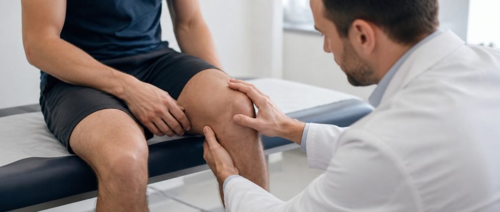 Especialista en traumatología y ortopedia examinando a un paciente
