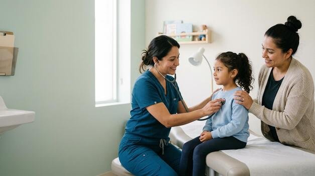 Profesional de pediatría examinando a una niña acompañada por su madre