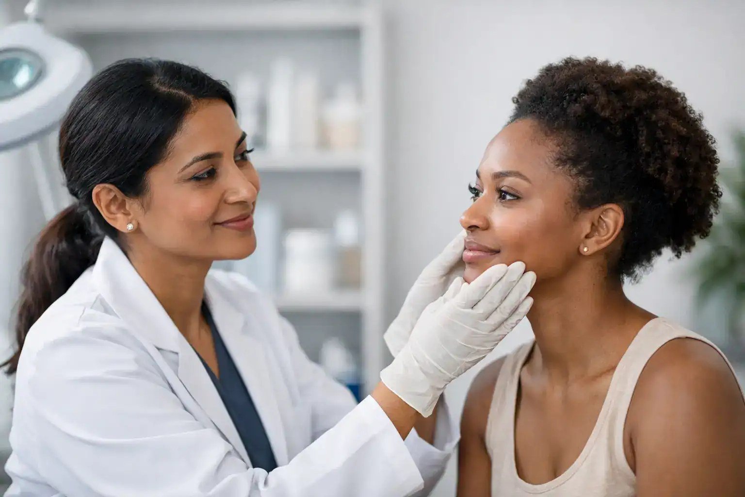 Dermatóloga examinando la piel de una paciente